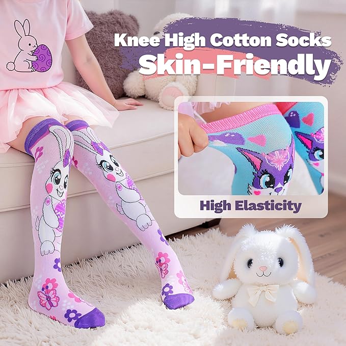 ANTSANG Kids Girls Knee High Socks Fashion Funny Crazy Stockings Gift Cute Novelty Long Boot Cotton Socks for Child 6 Pairs
