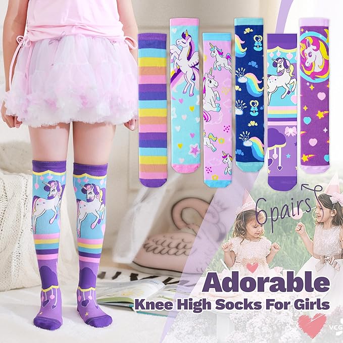 ANTSANG Kids Girls Knee High Socks Fashion Funny Crazy Stockings Gift Cute Novelty Long Boot Cotton Socks for Child 6 Pairs