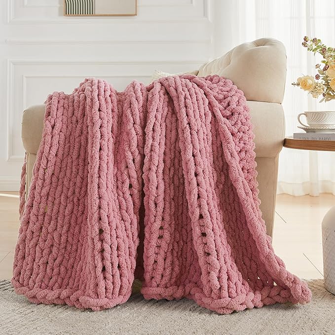Carriediosa Chunky Knit Throw Blanket 50" X 60", 100% Hand Made Large Chenille Loop Yarn Soft Fluffy Throws for Couch Sofa Bed, Big Crochet Cozy Heavy Thick Cable Woven Blanket, Mauve