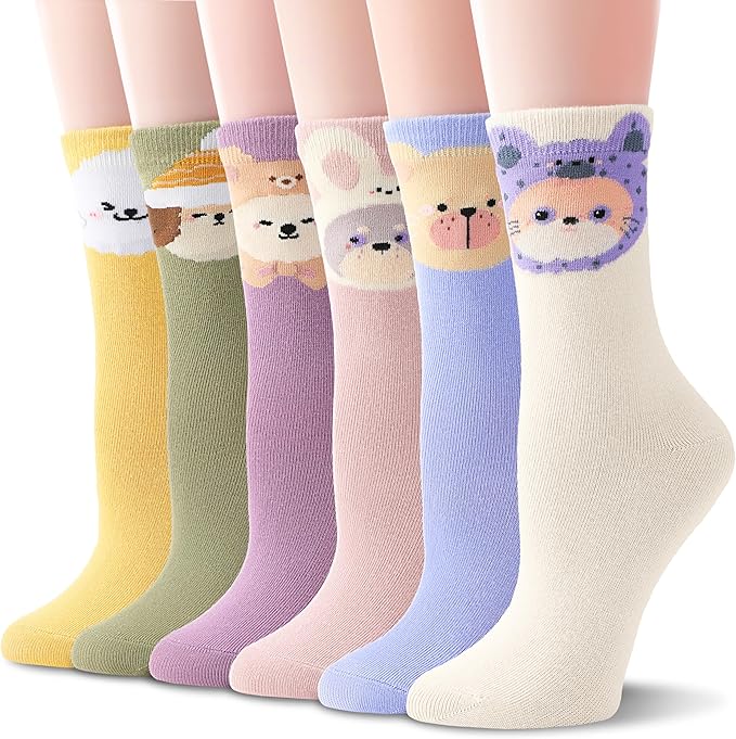 EBMORE Kids Girls Socks Cotton Crew Cute Animal Pattern Fashion Fun Novelty Socks 6 Pack