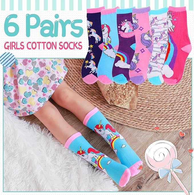 EBMORE Kids Girls Socks Cotton Crew Cute Animal Pattern Fashion Fun Novelty Socks 6 Pack