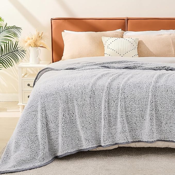EMME Soft Sherpa Fleece Blanket Reversible Plush Fluffy Large Blanket, Light Weight Warm Decorative Boho Blanket Cover for Sofa, Couch, Bedroom,Travel(Plush Grey,60"x80")