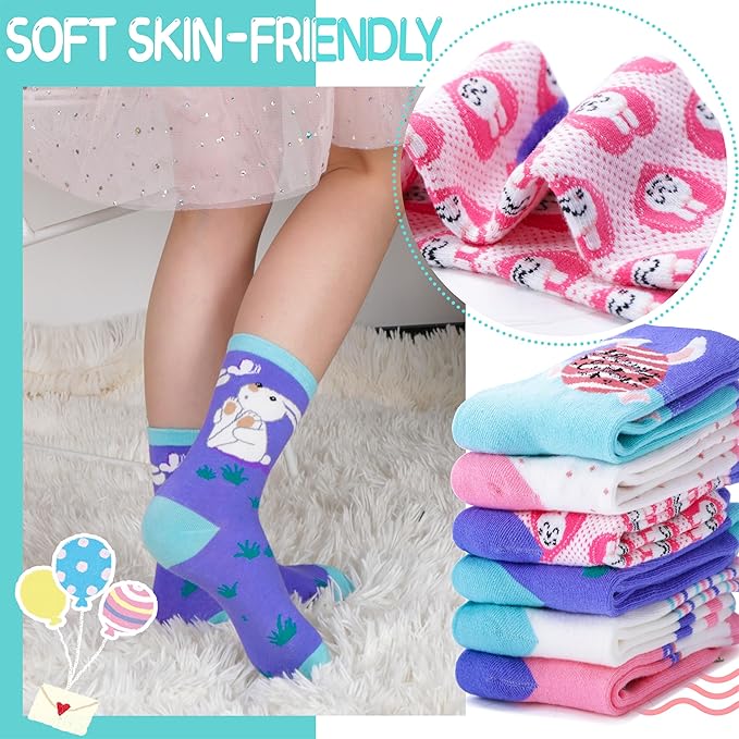 EBMORE Kids Girls Socks Cotton Crew Cute Animal Pattern Fashion Fun Novelty Socks 6 Pack