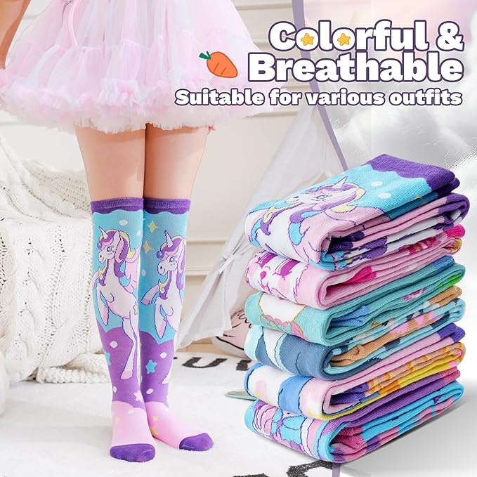 ANTSANG Kids Girls Knee High Socks Fashion Funny Crazy Stockings Gift Cute Novelty Long Boot Cotton Socks for Child 6 Pairs