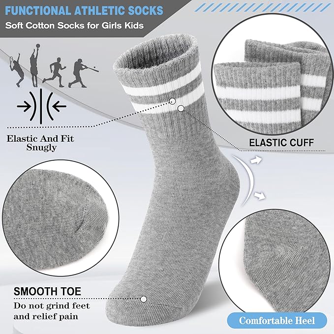 MOGGEI 6 Pairs Girls Kids Socks Athletic Sport Basketball Cotton Soft Crew Breathable Socks for Outdoor