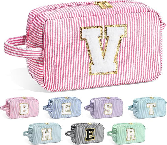 YOOLIFE Pink Cosmetic Travel Makeup Bag - Monogram Cute Initial Makeup Bags Cosmetic Toiletry Pouch Make Up Case for Women Her Best Friend Friendship Teacher, Personalized Birthday Gifts for Women V