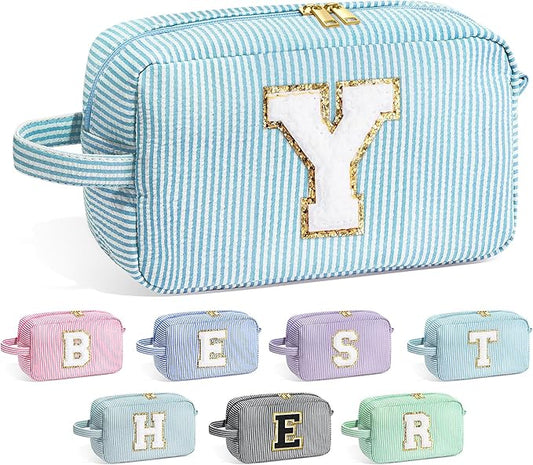 YooLife Monogram Initial Blue Cosmetic Bag - Personalized Makeup Toiletry Case for Women, Mom, Bridesmaid, Best Friend, Sister, Teacher Gifts