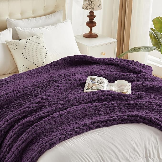 Carriediosa Chunky Knit Throw Blanket 60" X 80" Twin, 100% Hand Made Large Chenille Loop Yarn Soft Fluffy Throws for Couch Sofa Bed, Big Crochet Cozy Heavy Thick Cable Woven Blanket, Dark Purple
