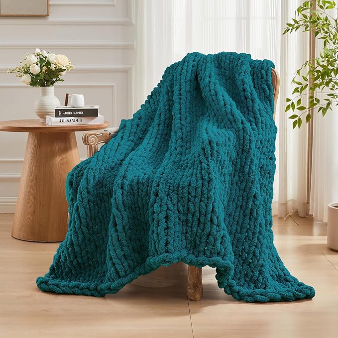 Carriediosa Chunky Knit Throw Blanket 60" X 80" Twin, 100% Hand Made Large Chenille Loop Yarn Soft Fluffy Throws for Couch Sofa Bed, Big Crochet Cozy Heavy Thick Cable Woven Blankets, Teal