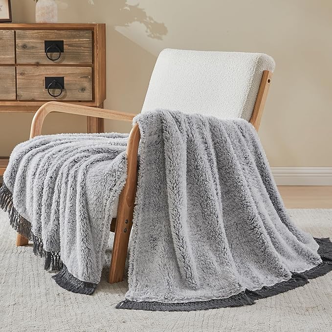 EMME Soft Sherpa Fleece Blanket with Tassel, Reversible Plush Fluffy Large Blanket, Light Weight Warm Decorative Boho Blanket Cover for Sofa, Couch, Bedroom,Travel(Tassel Grey,50"x60")