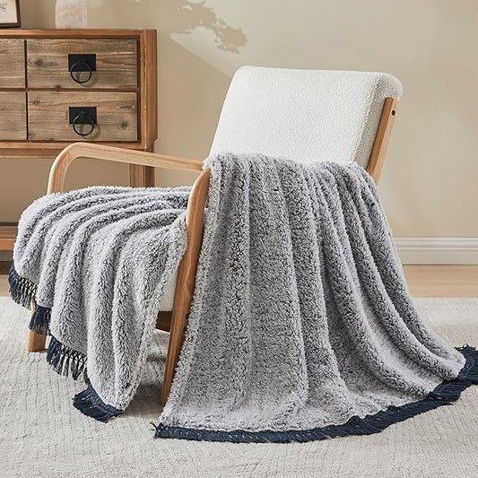 EMME Soft Sherpa Fleece Blanket with Tassel, Reversible Plush Fluffy Large Blanket, Light Weight Warm Decorative Boho Blanket Cover for Sofa, Couch, Bedroom,Travel(Tassel Navy,60"x80")