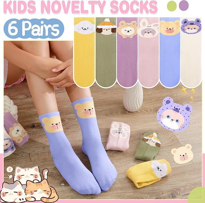 EBMORE Kids Girls Socks Cotton Crew Cute Animal Pattern Fashion Fun Novelty Socks 6 Pack