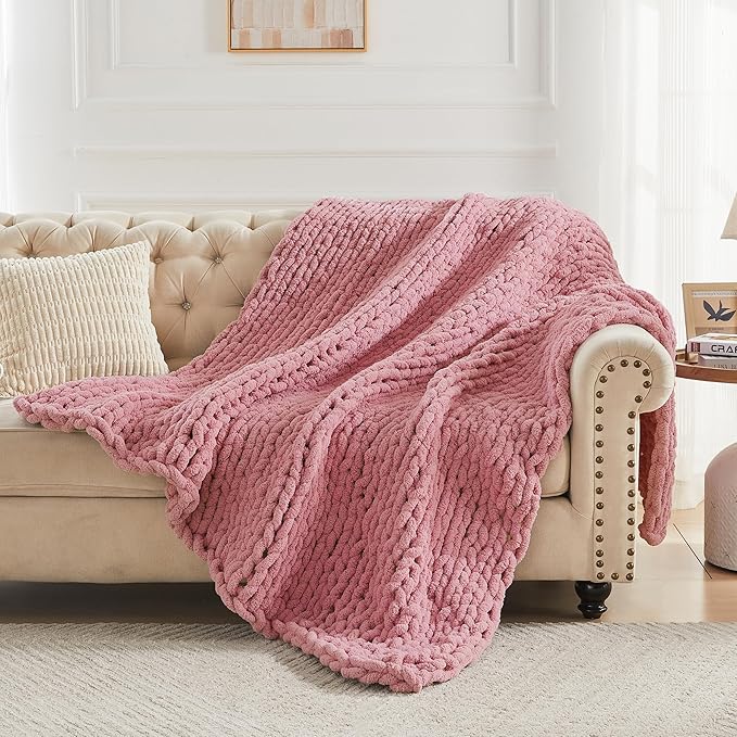 Carriediosa Chunky Knit Throw Blanket 60" X 80" Twin, 100% Hand Made Large Chenille Loop Yarn Soft Fluffy Throws for Couch Sofa Bed, Big Crochet Cozy Heavy Thick Cable Woven Blanket, Mauve