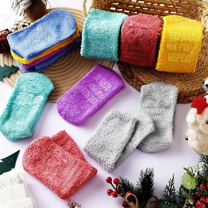 Ramede 6 Pairs Grip Fuzzy Crew Socks for Women Men Novelty Socks Funny Movie Theater K-pop Memorabilia for Xmas Birthday Gift