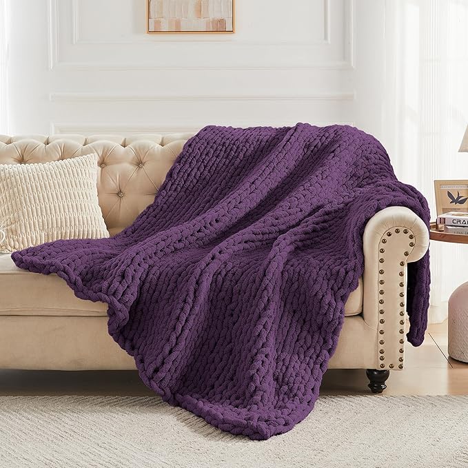 Carriediosa Chunky Knit Throw Blanket 50" X 60", 100% Hand Made Large Chenille Loop Yarn Soft Fluffy Throws for Couch Sofa Bed, Big Crochet Cozy Heavy Thick Cable Woven Blanket, Dark Purple
