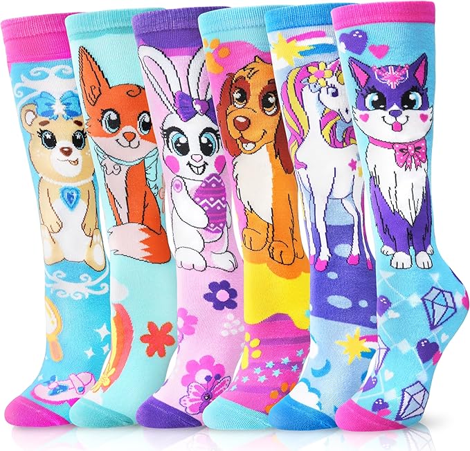 ANTSANG Kids Girls Knee High Socks Fashion Funny Crazy Stockings Gift Cute Novelty Long Boot Cotton Socks for Child 6 Pairs