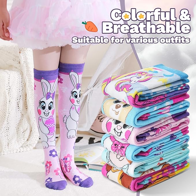 ANTSANG Kids Girls Knee High Socks Fashion Funny Crazy Stockings Gift Cute Novelty Long Boot Cotton Socks for Child 6 Pairs
