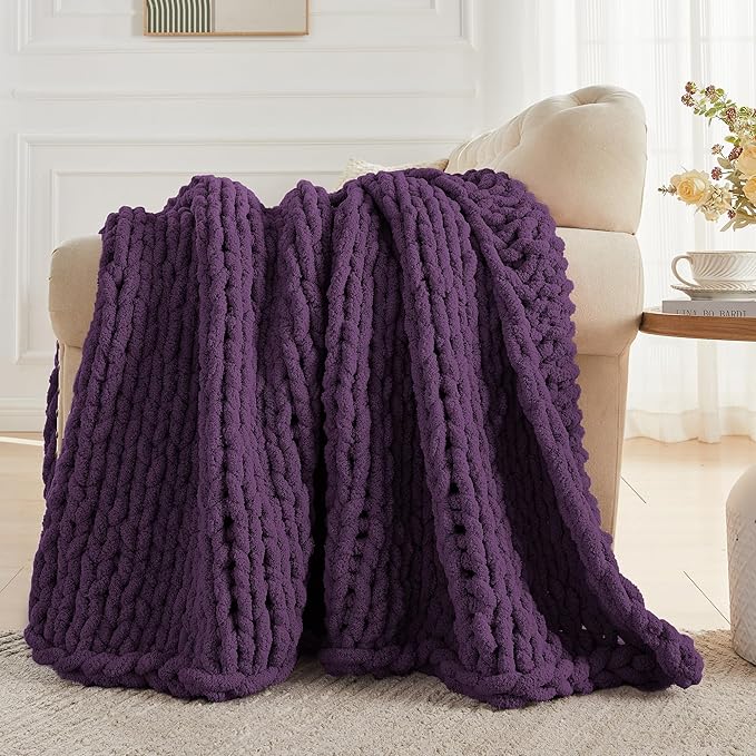 Carriediosa Chunky Knit Throw Blanket 60" X 80" Twin, 100% Hand Made Large Chenille Loop Yarn Soft Fluffy Throws for Couch Sofa Bed, Big Crochet Cozy Heavy Thick Cable Woven Blanket, Dark Purple