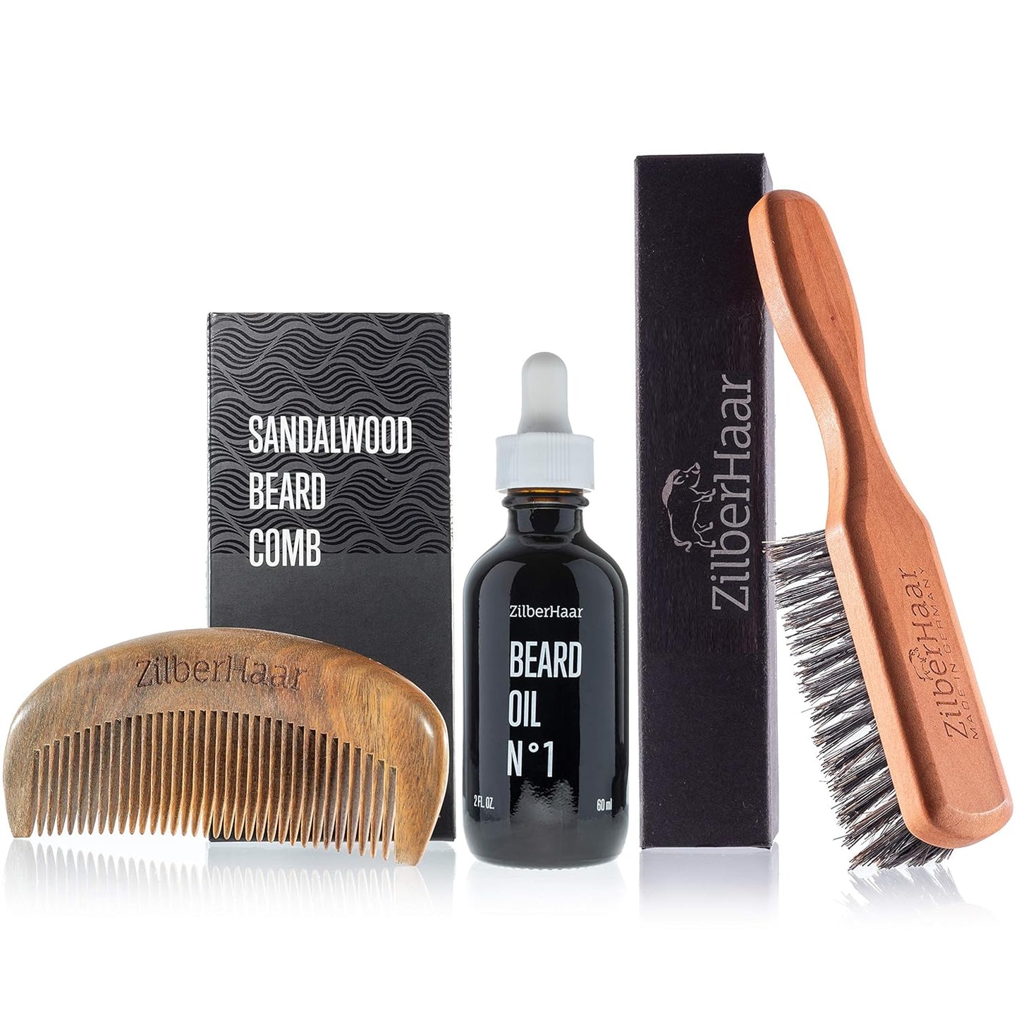 ZilberHaar Beard Grooming Pro Bundle - Regular Brush + 2oz Beard Oil + Sandalwood Beard Comb