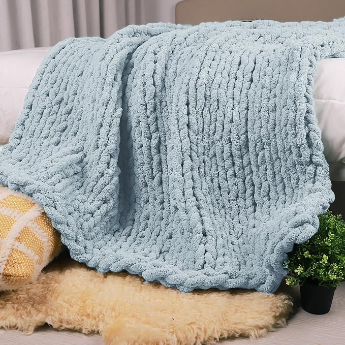 Carriediosa Chunky Knit Throw Blanket 60" X 80" Twin, 100% Hand Made Large Chenille Loop Yarn Soft Fluffy Throws for Couch Sofa Bed, Big Crochet Cozy Heavy Thick Cable Woven Blanket, Light Blue
