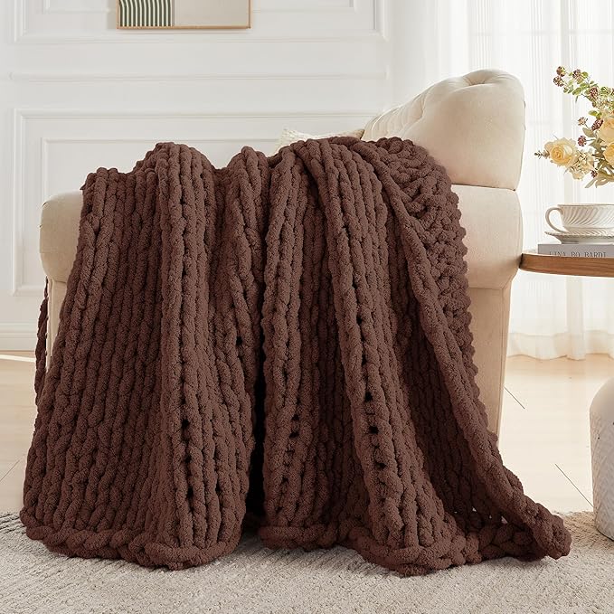 Carriediosa Chunky Knit Throw Blanket 60" X 80" Twin, 100% Hand Made Large Chenille Loop Yarn Soft Fluffy Throws for Couch Sofa Bed, Big Crochet Cozy Heavy Thick Cable Woven Blanket, Cocoa Brown