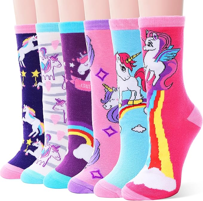 EBMORE Kids Girls Socks Cotton Crew Cute Animal Pattern Fashion Fun Novelty Socks 6 Pack