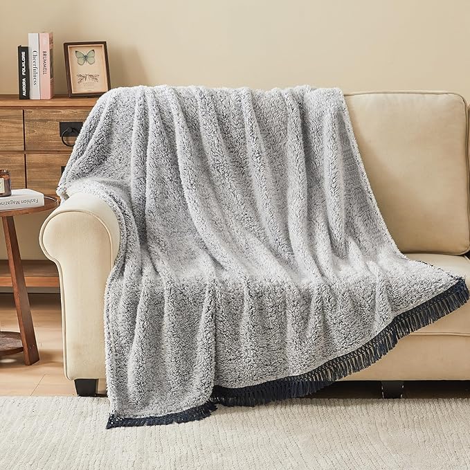 EMME Soft Sherpa Fleece Blanket with Tassel, Reversible Plush Fluffy Large Blanket, Light Weight Warm Decorative Boho Blanket Cover for Sofa, Couch, Bedroom,Travel(Tassel Navy,60"x80")