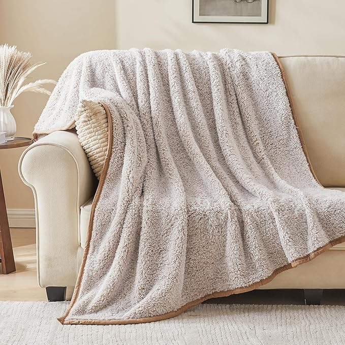 EMME Soft Sherpa Fleece Blanket Reversible Plush Fluffy Large Blanket, Light Weight Warm Decorative Boho Blanket Cover for Sofa, Couch, Bedroom,Travel(Plush Khaki,90"x90")