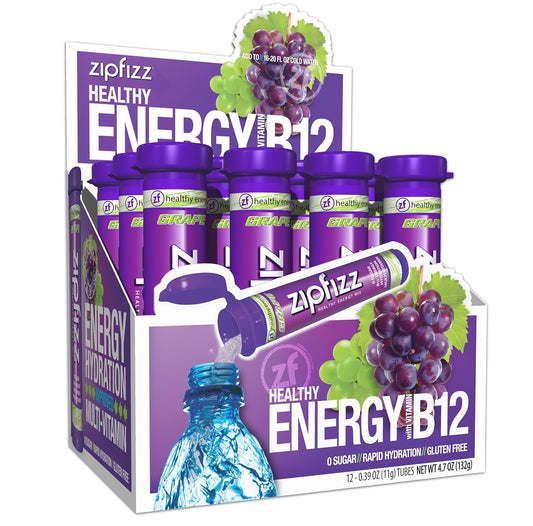 Zipfizz Daily Energy Drink Powder, Grape, 12 Pack | 3-in-1 Sustained Energy, Rapid Hydration, and Essential Vitamins | Sugar-Free | Electrolyte Powder | Contains Vitamin B-12 & Antioxidants