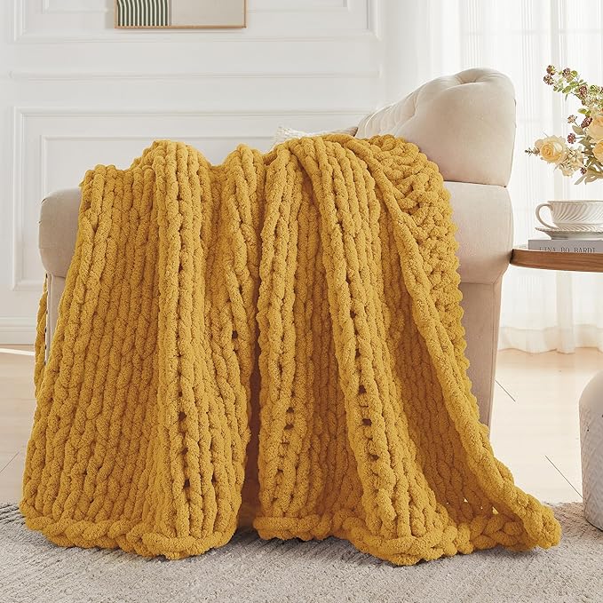 Carriediosa Chunky Knit Throw Blanket 60" X 80" Twin, 100% Hand Made Large Chenille Loop Yarn Soft Fluffy Throws for Couch Sofa Bed, Big Crochet Cozy Heavy Thick Cable Woven Blanket, Yellow