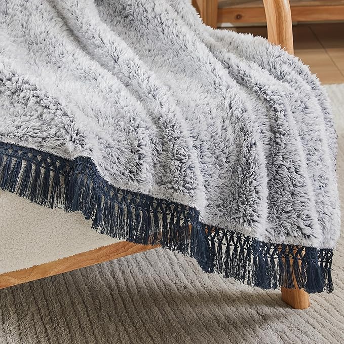 EMME Soft Sherpa Fleece Blanket with Tassel, Reversible Plush Fluffy Large Blanket, Light Weight Warm Decorative Boho Blanket Cover for Sofa, Couch, Bedroom,Travel(Tassel Navy,60"x80")
