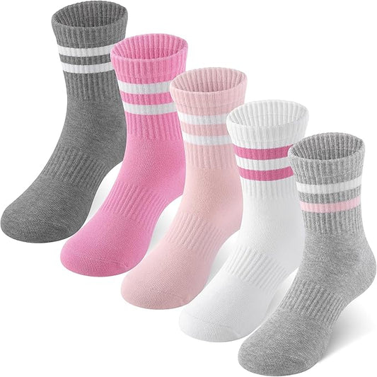 HONGTEYA Kids Socks for Girls Boys Soft Stretch Cotton Crew Seamless Athletic Socks School Uniform 4-12 Years 5 Packs