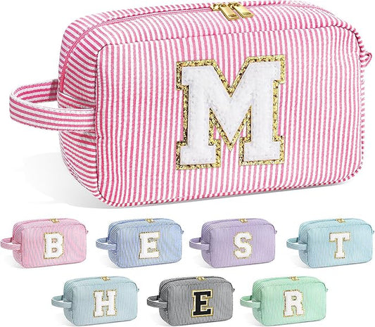 YOOLIFE Christmas Gifts for Women Teen Girls Kids Stocking Stuffers - Initial Makeup Bag Cosmetic Bag Toiletry Pouch, Personalized Birthday Gifts for Women Girls Mom Daughter Sister Friends, Pink M