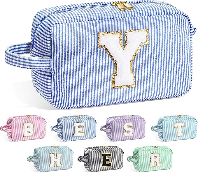 YOOLIFE Teen Girls Makeup Bag - Monogram Makeup Bags Cosmetic Toiletry Pouch Make Up Case for Women Her Best Friend Friendship Sister Teacher, Personalized Birthday Gifts for Women, Blue Y