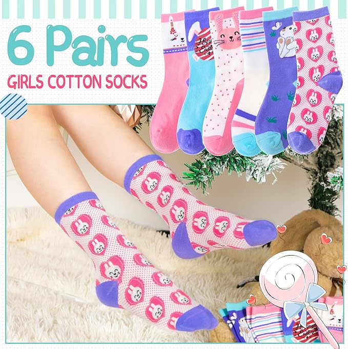 EBMORE Kids Girls Socks Cotton Crew Cute Animal Pattern Fashion Fun Novelty Socks 6 Pack