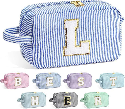 YOOLIFE Initial Makeup Bag for Women - Monogram Cute Blue Makeup Bags Cosmetic Toiletry Pouch Make Up Case for Women Her Best Friend Friendship Sister Teacher, Personalized Birthday Gifts for Women L