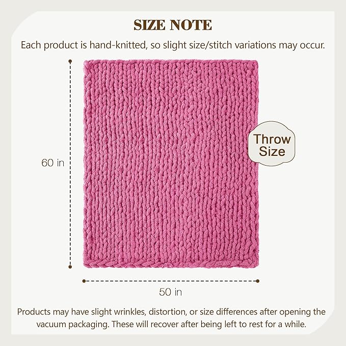 Carriediosa Chunky Knit Throw Blanket 50" X 60", 100% Hand Made Large Chenille Loop Yarn Soft Fluffy Throws for Couch Sofa Bed, Big Crochet Cozy Heavy Thick Cable Woven Blankets, Hot Pink