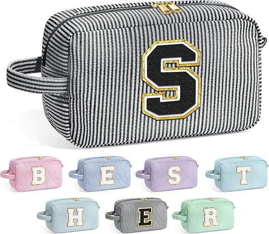 YOOLIFE Teen Girls Gifts Trendy Stuff - Birthday Gifts for 5 6 7 8 9 10 11 12 Year Old Girls Kids, Initial Makeup Bag for Teen Girl Kids Cosmetic Toiletry Pouch, Black S