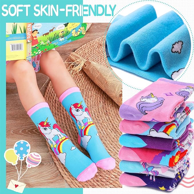 EBMORE Kids Girls Socks Cotton Crew Cute Animal Pattern Fashion Fun Novelty Socks 6 Pack