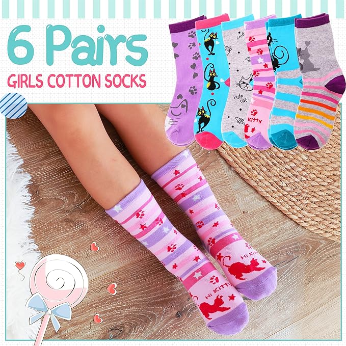EBMORE Kids Girls Socks Cotton Crew Cute Animal Pattern Fashion Fun Novelty Socks 6 Pack